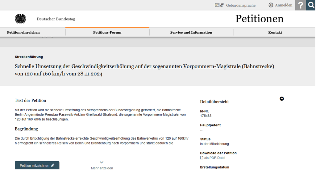 Die Webseite des Petitionssystem des Deutschen Bundestages mit der Petition zur Vorpommern Magistrale.